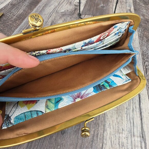 HOBO Cora Large Frame Wallet Clutch Wristlet Dusty Blue Leather Botanical Print - Picture 11 of 14